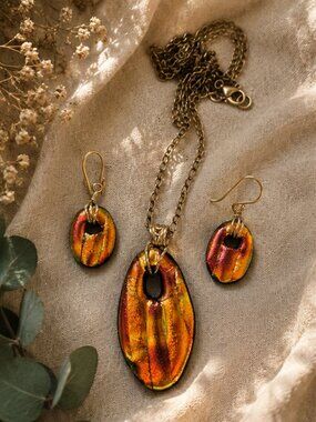 Art Glass Necklace & Earrings Set | Black Glass with Gold & Copper Foil